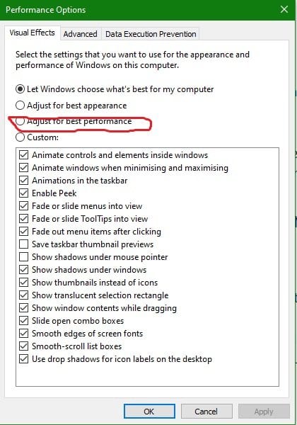 perormance settings