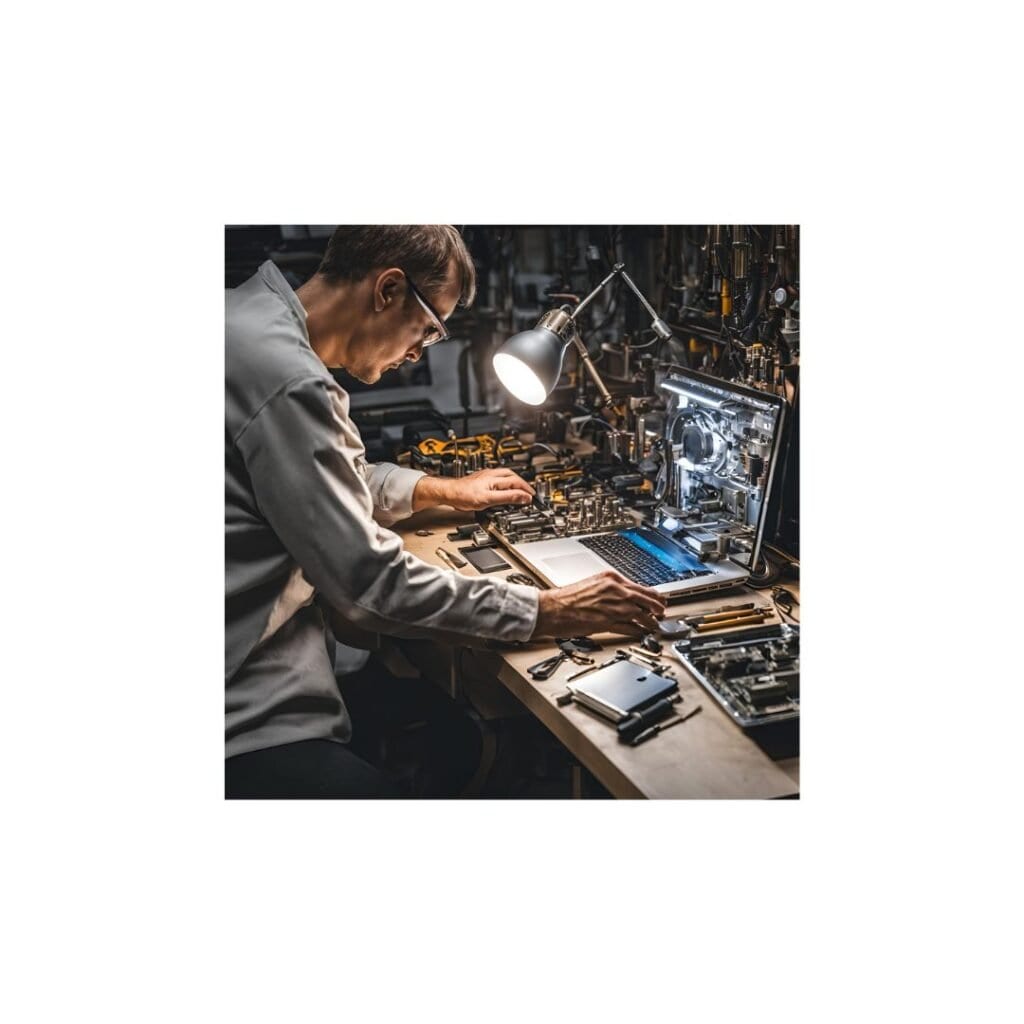 Technician repairing a MacBook in Anlaby, surrounded by tools.
