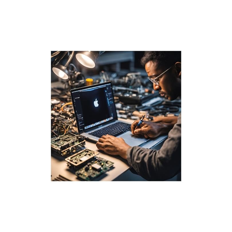 Technician repairing a MacBook in West Ella, surrounded by tools.