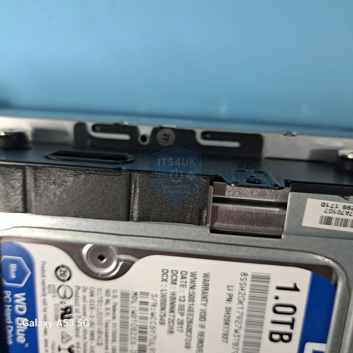 Close-up of a hard drive during a data recovery diagnosis