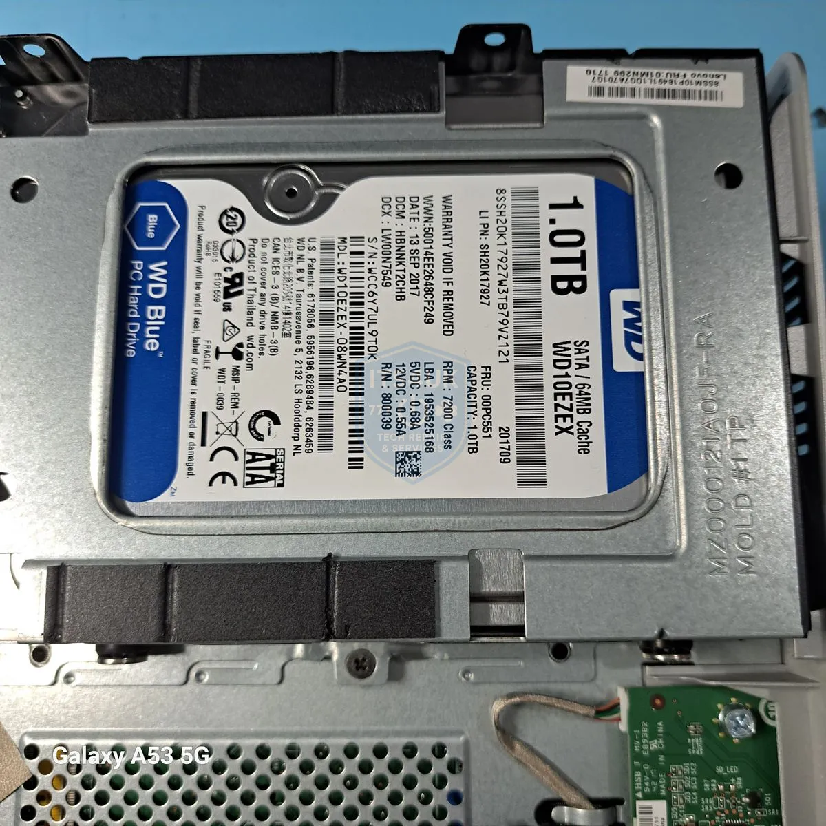 WD Blue 1TB hard drive removed from a desktop PC for data recovery
